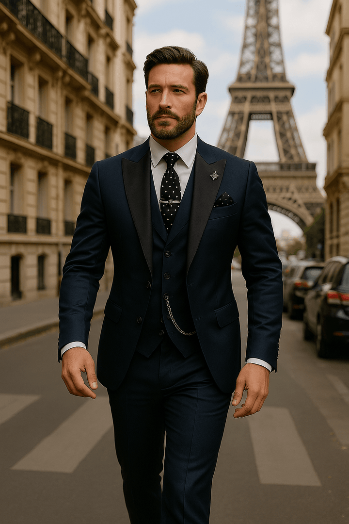 Full-length shot of a man modeling a sharp three-piece spring suit, suitable for any formal occasion.