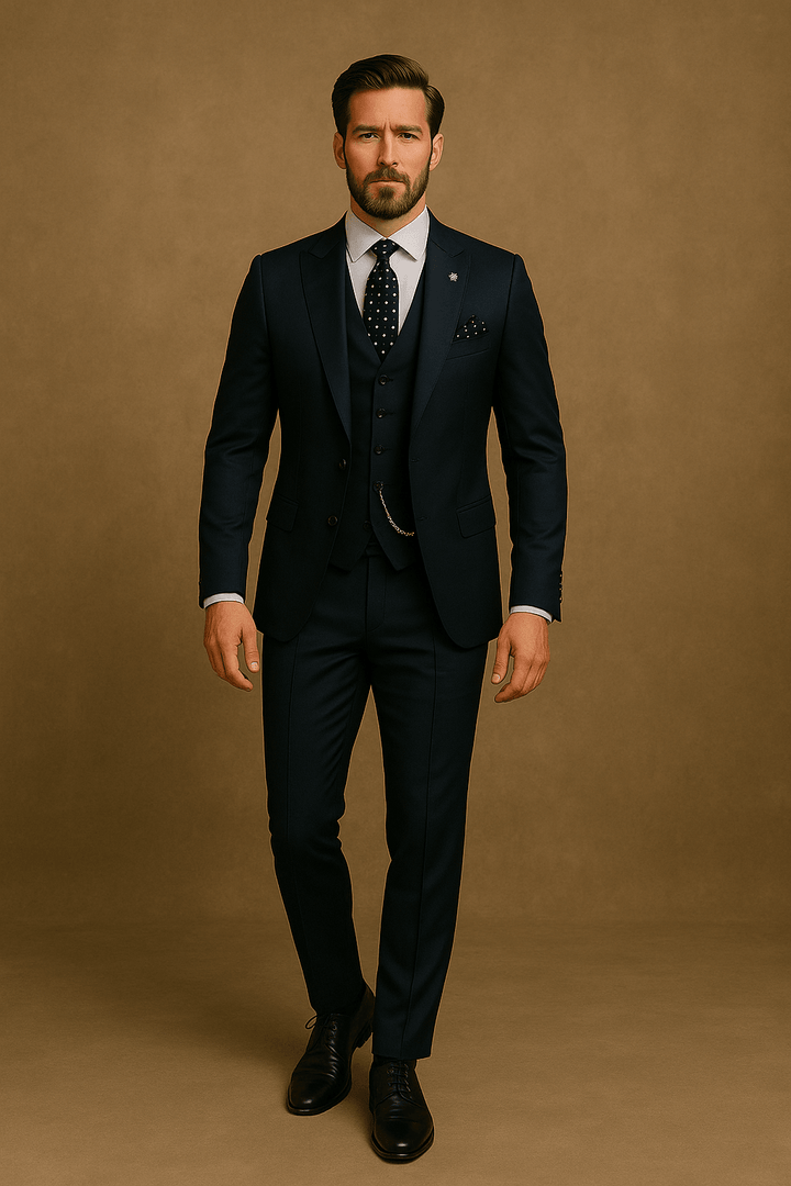 Stylish men's formal three-piece suit in a modern cut, a key piece for spring eventwear.