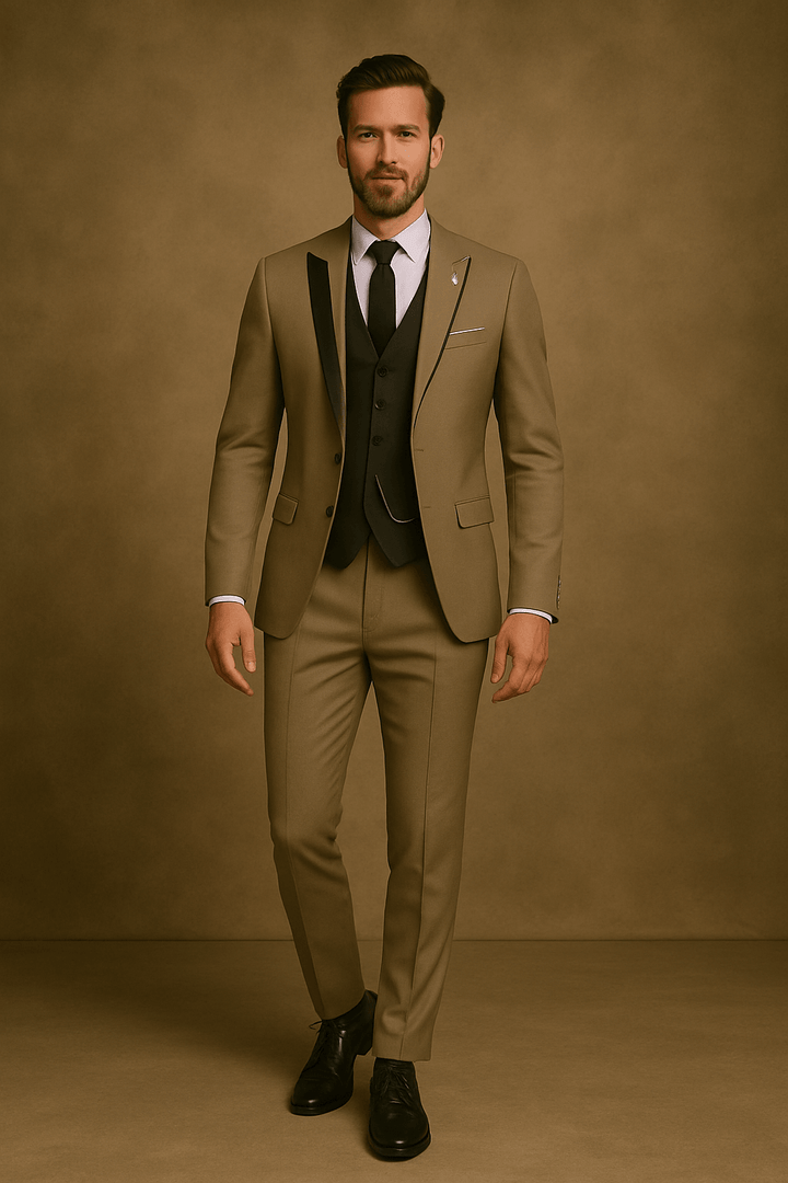 Men's classic three-piece suit in a versatile hue, perfect for spring weddings and business meetings.