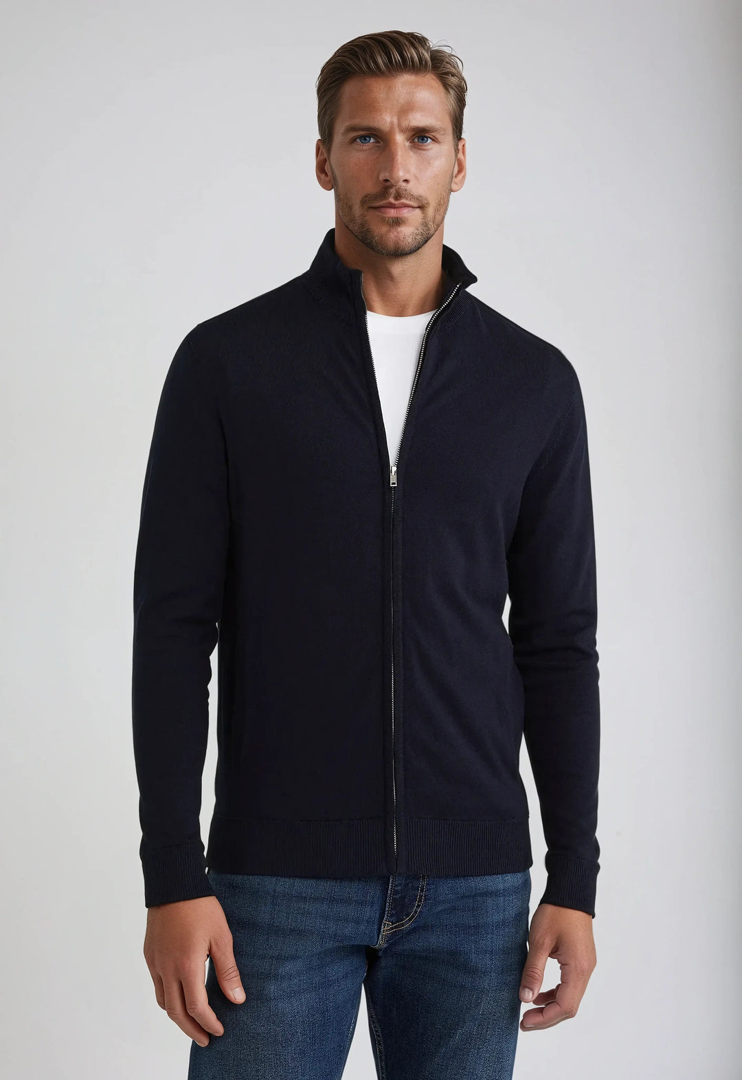 Men's full zip high neck sweater, perfect for casual layering in fall & winter fashion.