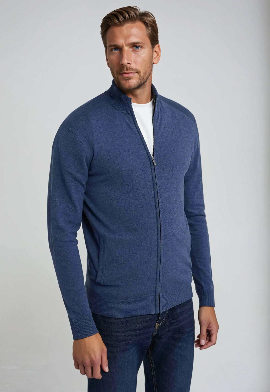 Dark grey men's full zip high neck sweater, a versatile piece for casual and layering fashion.