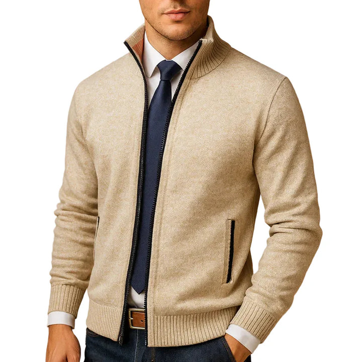 Men's full-zip stand collar cardigan, a versatile layering piece for casual and modern style.
