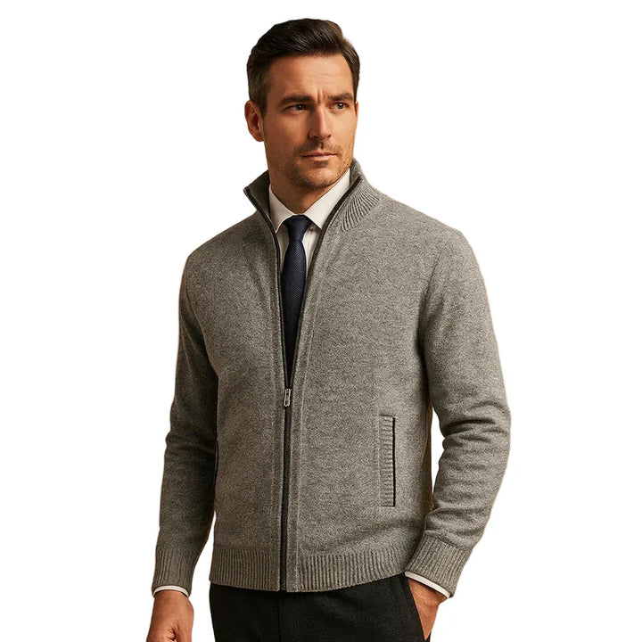 Stylish men's stand collar full-zip sweater with zippered pockets, perfect for everyday casual wear.