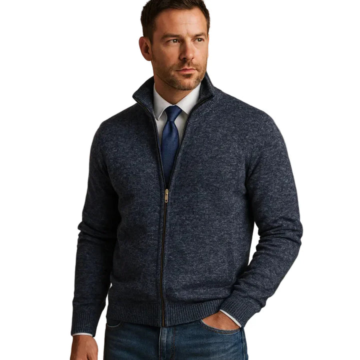 Modern men's stand collar full-zip cardigan, a cozy and stylish men's sweater for any occasion.
