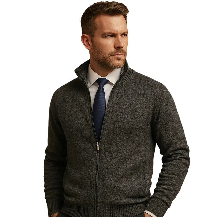 Man wearing a comfortable men's stand collar full-zip cardigan, showcasing its modern and versatile fit.
