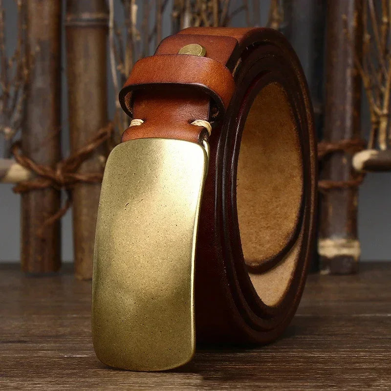 Men's genuine full-grain leather belt with forged brass buckle. Rugged, durable everyday wear.