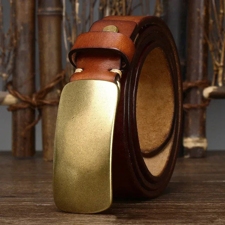 Men's genuine full-grain leather belt with forged brass buckle. Rugged, durable everyday wear.