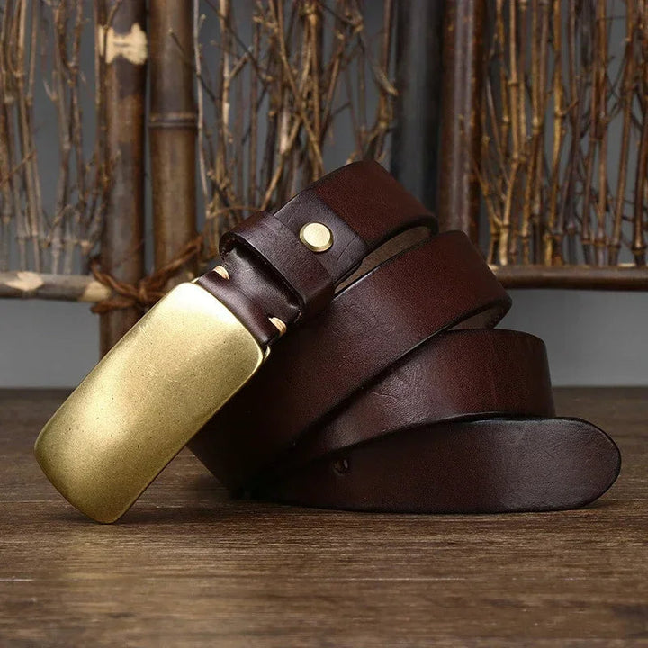 Classic men's leather belt, full-grain cowhide, featuring an antique forged brass buckle.