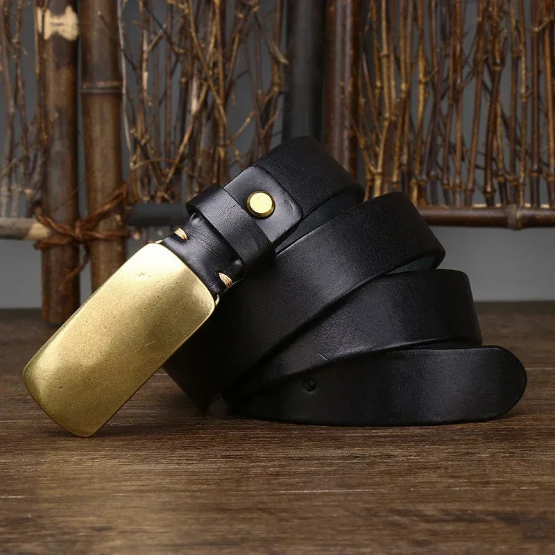 Genuine leather men's belt, full-grain, with a distinctive forged brass buckle. Vintage look, durable.