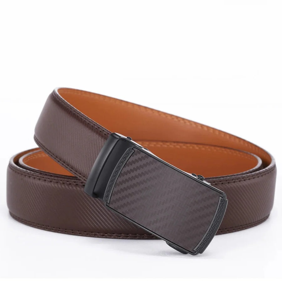 Men's genuine leather automatic slide belt with a sleek metal ratchet buckle, perfect for formal or casual wear.