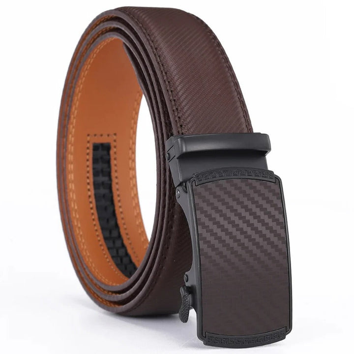 Stylish men's automatic slide belt with a polished metal buckle, made from genuine leather for a perfect fit.