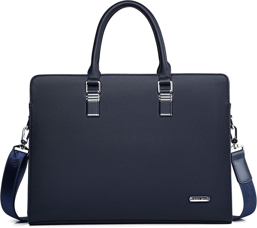Brown genuine leather men's briefcase, multi-pocket design for work.