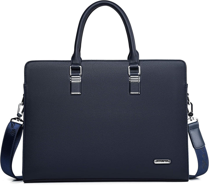 Brown genuine leather men's briefcase, multi-pocket design for work.