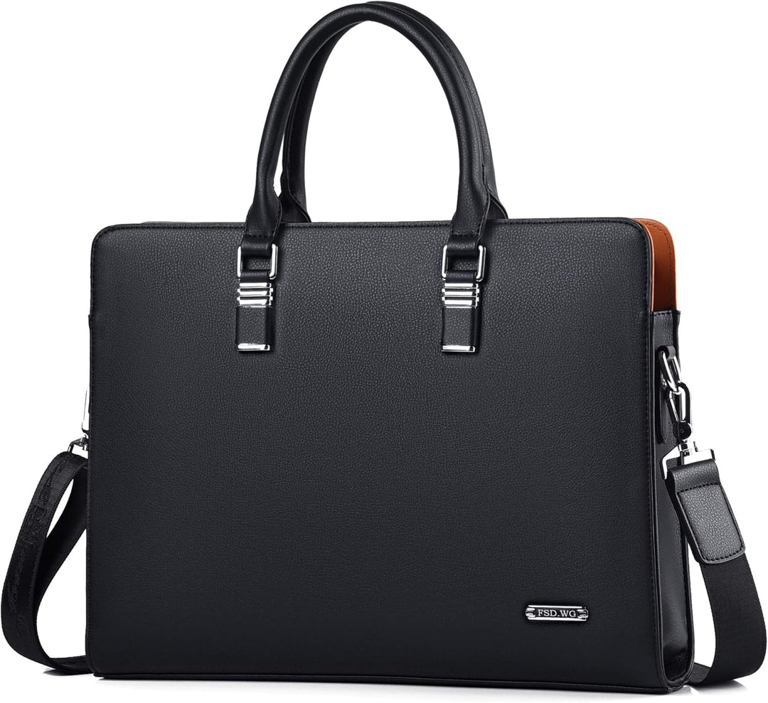 Black genuine leather men's business laptop bag for professionals.