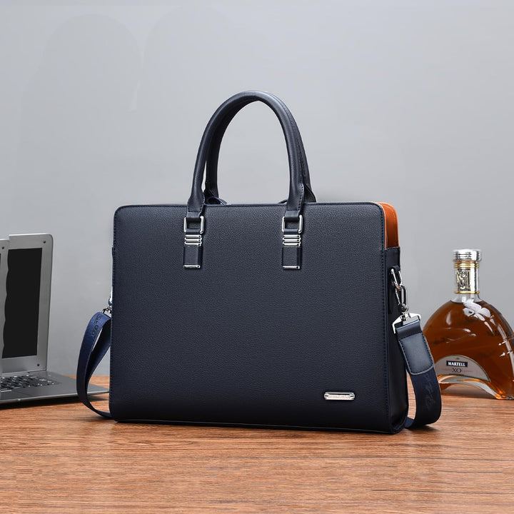 Men's genuine leather briefcase with spacious organized compartments.