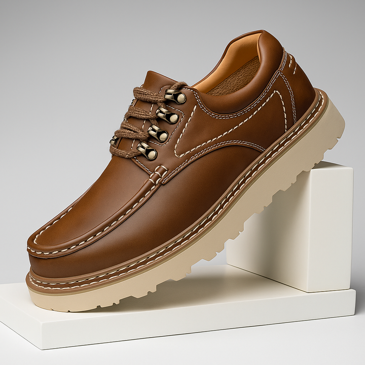 Men's genuine leather casual walkers in rich brown, side view, comfortable everyday footwear