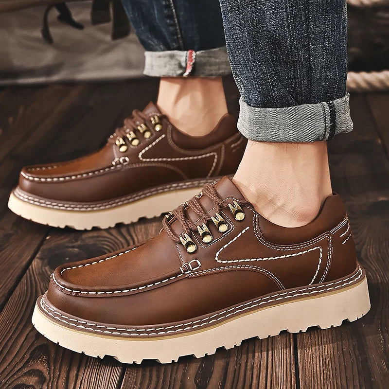 Collection of men's genuine leather walkers: rich brown and classic black options displayed
