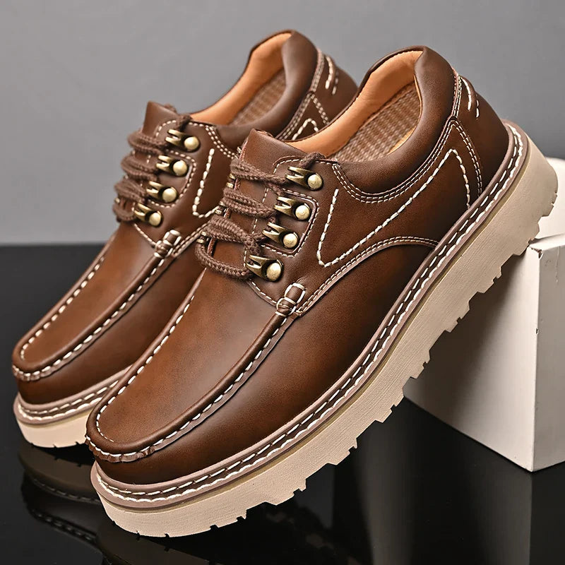Men's rich brown leather walkers with laces tied, ready for comfortable everyday wear