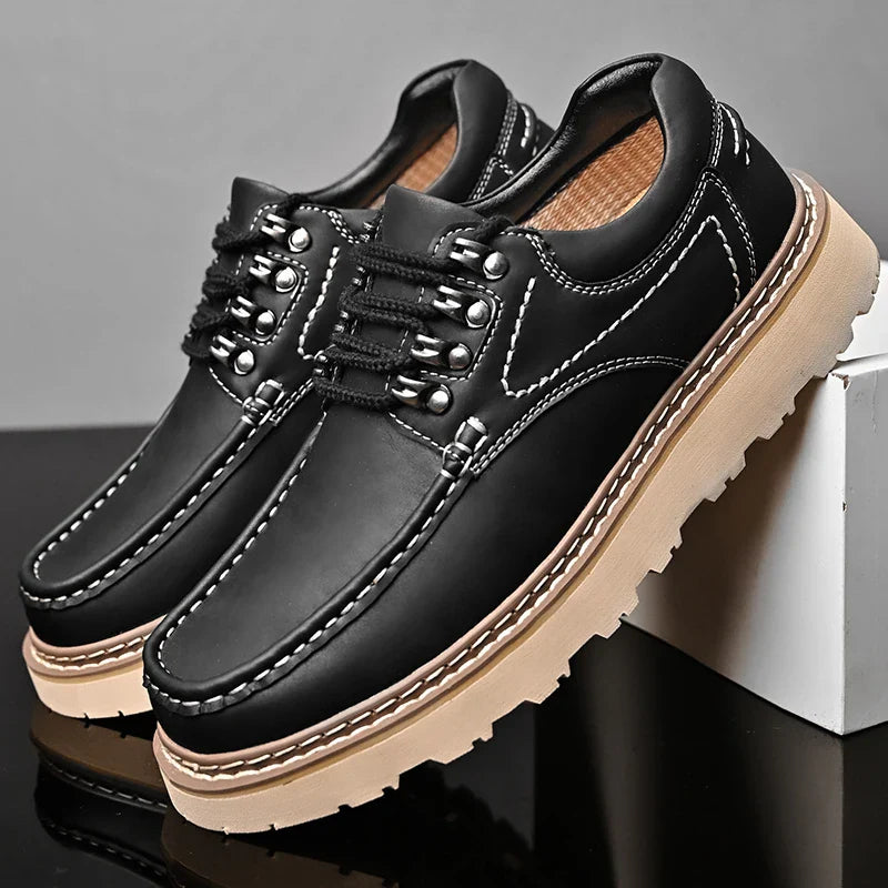 Angle shot of men's classic black leather casual walkers, highlighting shoe shape and quality