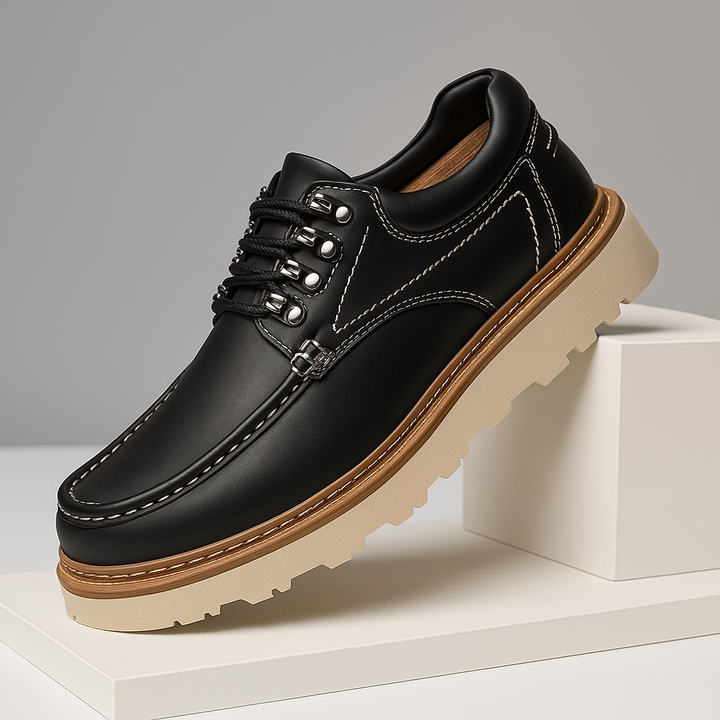 Close-up of the rich brown genuine leather texture on men's casual walkers, durable shoes