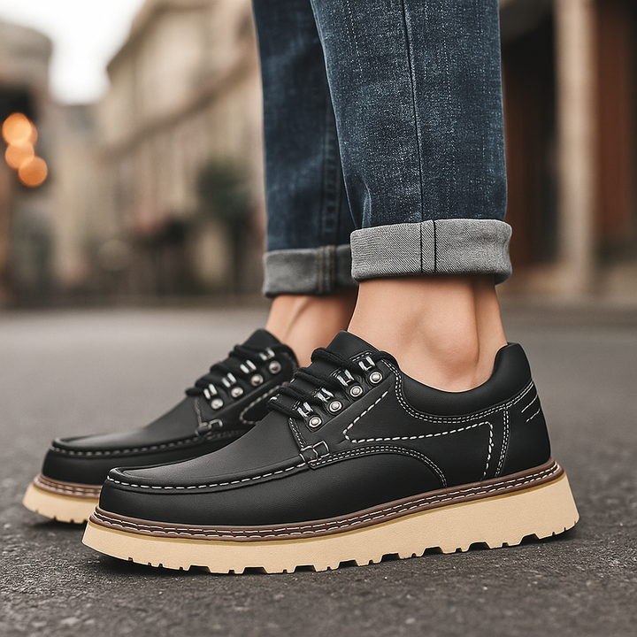 Men's casual leather walkers in classic black, front view, versatile and comfortable footwear