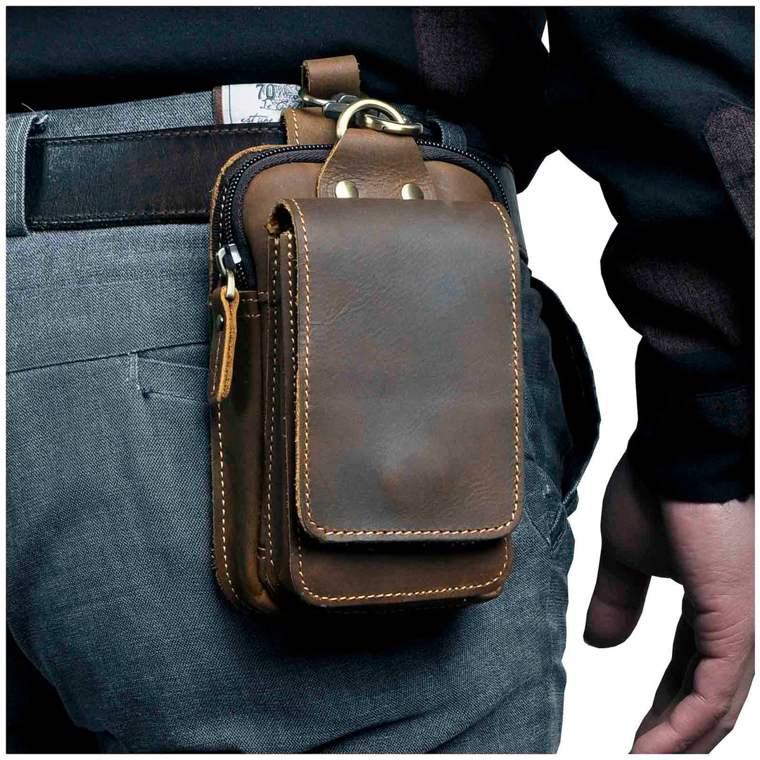 Men's genuine leather waist pack for hands-free, secure everyday carry.