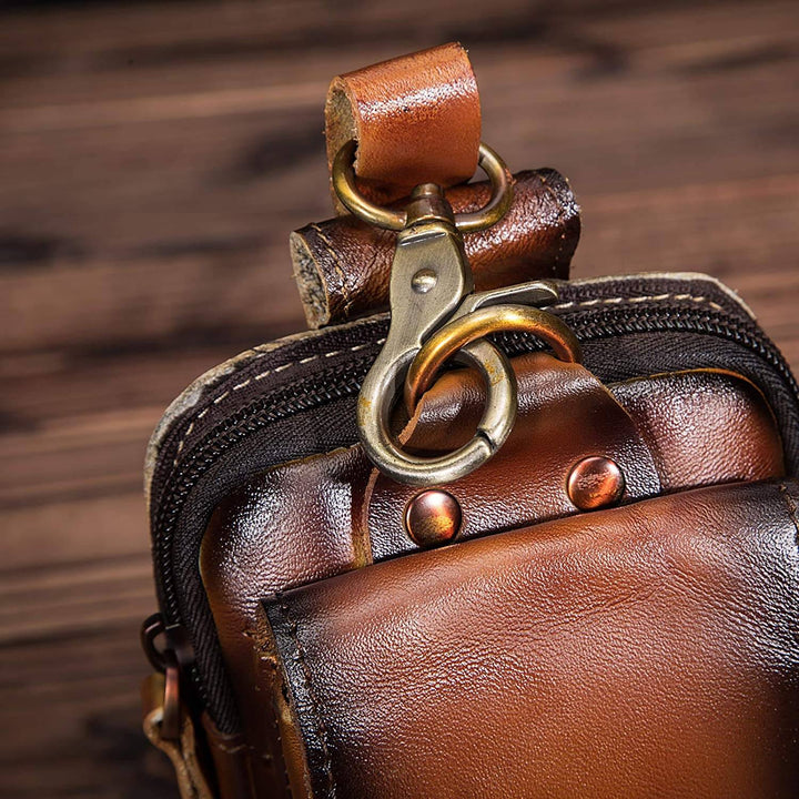 Comfortable men's genuine leather waist pack for hands-free movement & secure items.