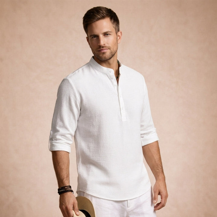 Minimalist men's Giona lightweight casual shirt. Everyday button-up for breathable comfort & summer style.