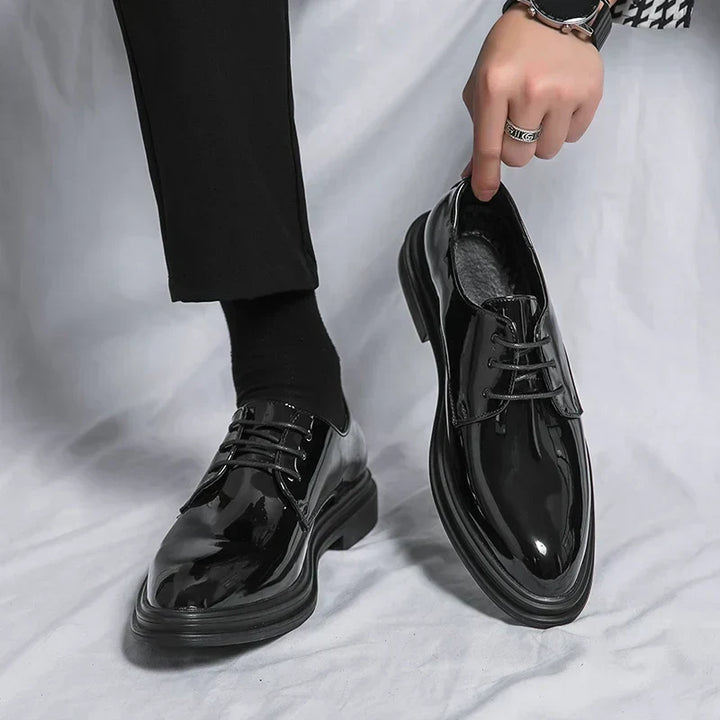 Stylish men's black patent Derby shoes for formal wear; comfortable lace-up design ensures a perfect fit.