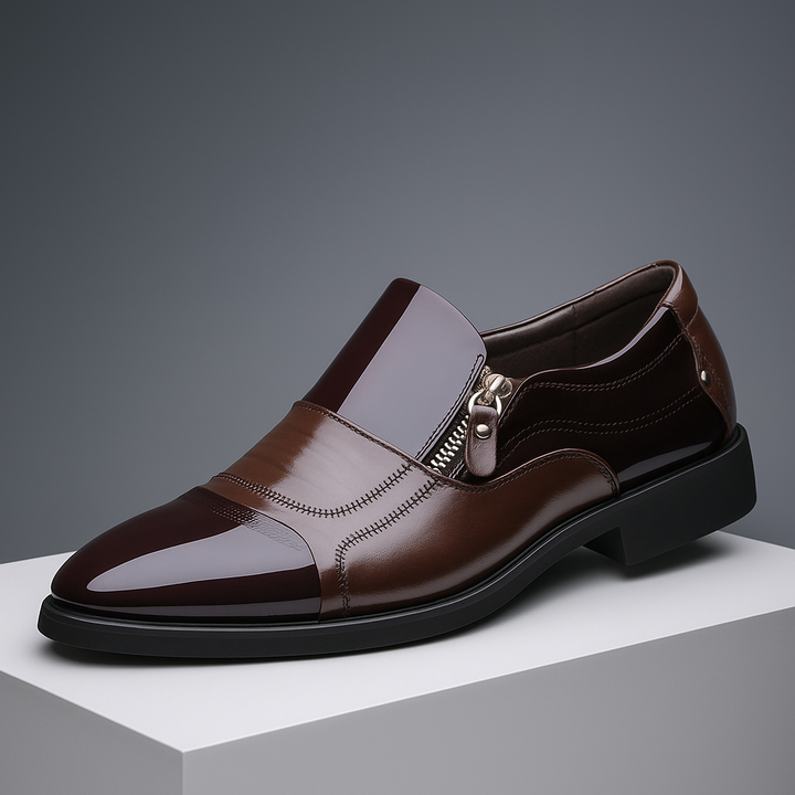 Men's glossy black slip-on loafers with stylish zip accent, perfect for formal occasions and comfortable wear.