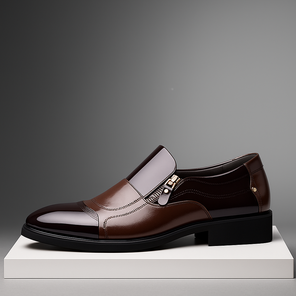 Close-up of a men's glossy black loafer, highlighting the elegant zip accent and luxurious finish.
