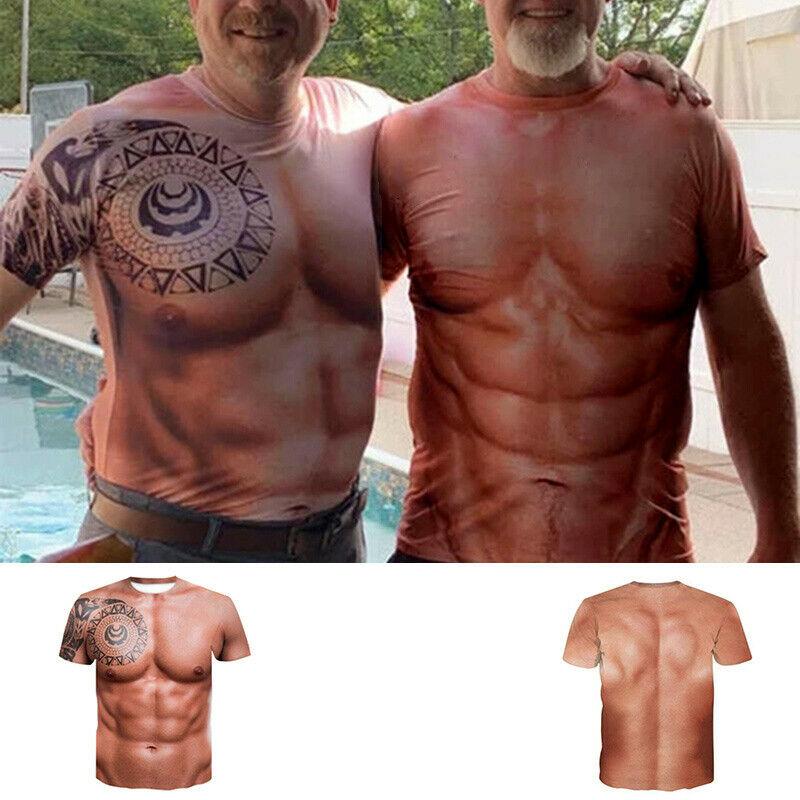 Men's graphic muscle print t-shirt, 3D realistic abs design, funny novelty tee
