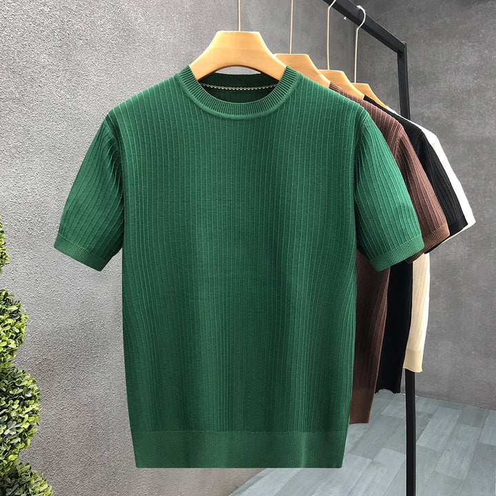 Men's green ribbed crewneck long sleeve top for casual everyday style, modern fit, comfortable wear.
