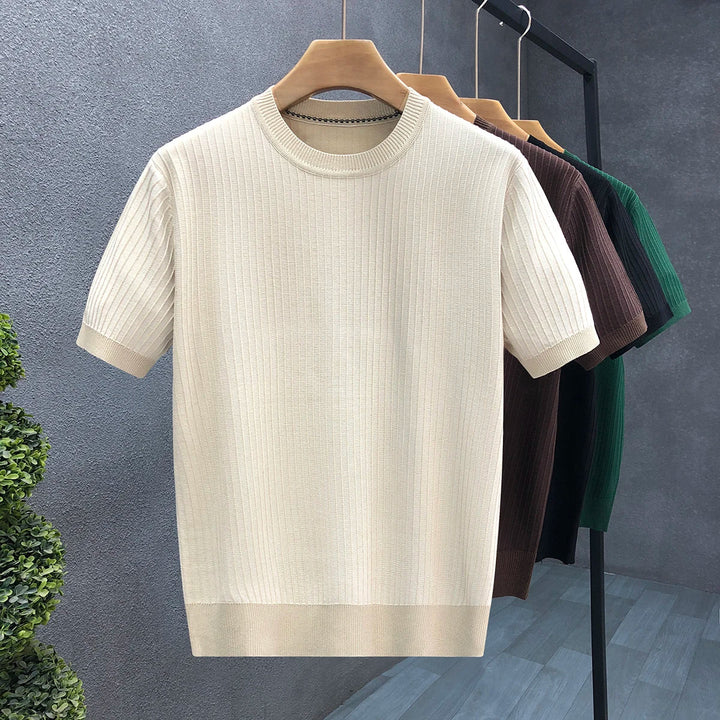Beige men's ribbed crewneck long sleeve shirt, perfect for effortless everyday fashion & comfort.