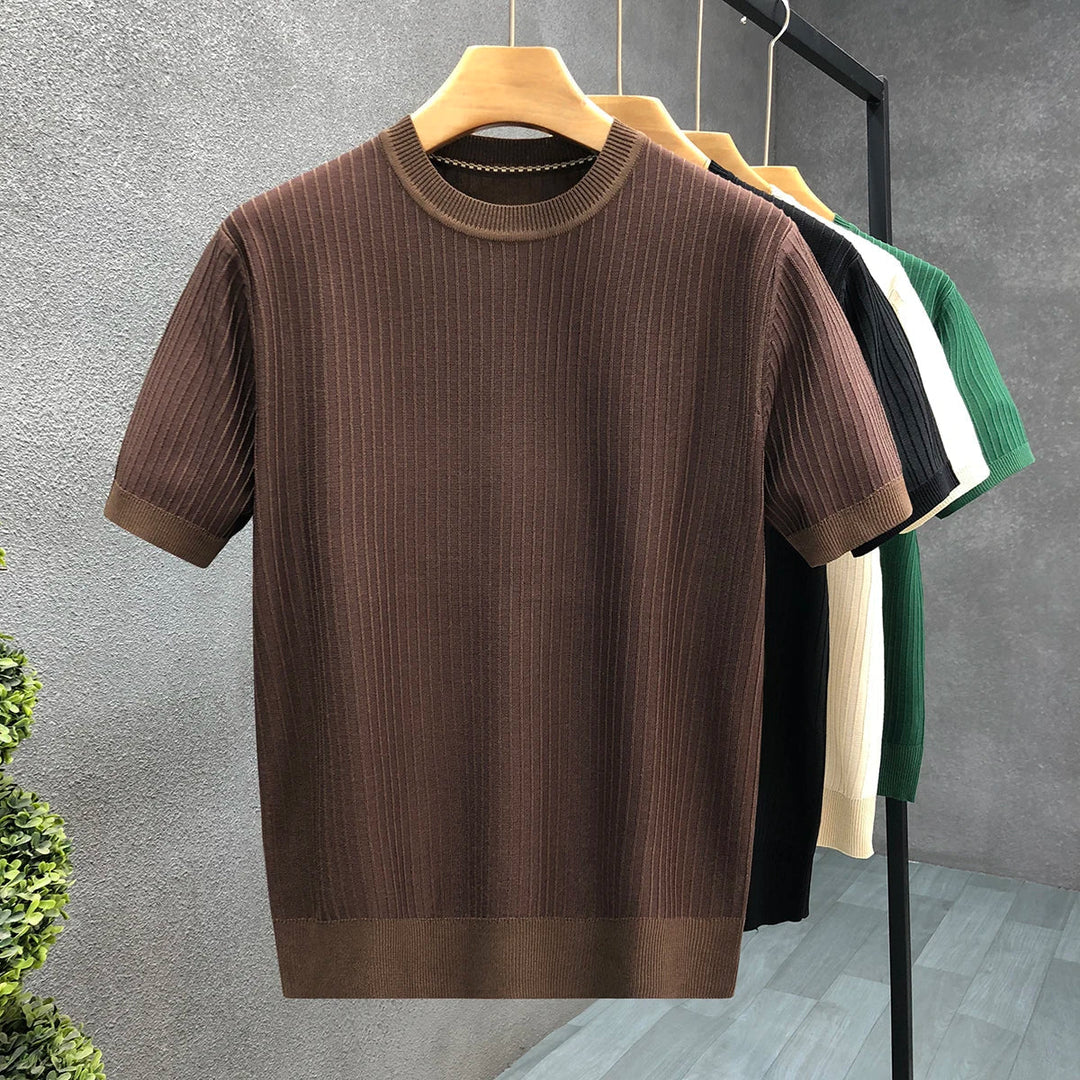 Brown men's ribbed long sleeve crewneck top with a modern fit, ideal for casual and comfortable wear.