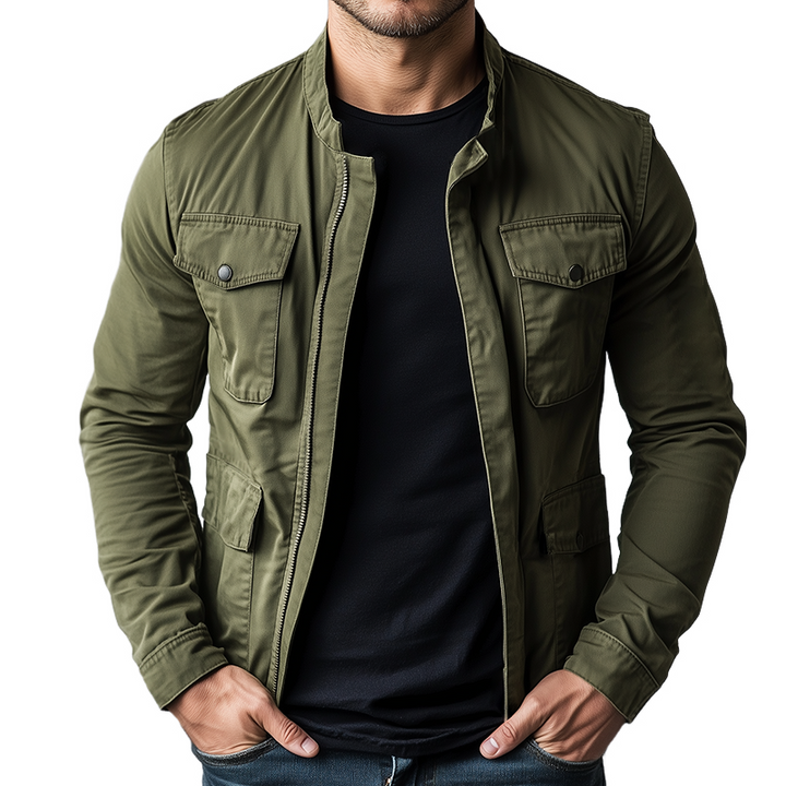 Men's green stand collar zipper jacket with practical pockets. Lightweight, casual mid-season outerwear for everyday.