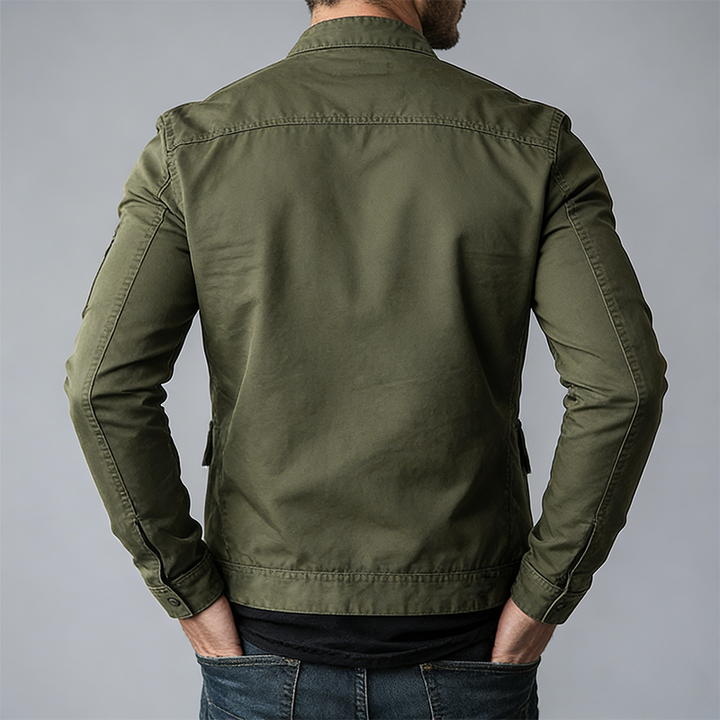 Comfortable men's green mid-season jacket. Features a stylish stand collar, front zipper, & deep pockets for essentials.