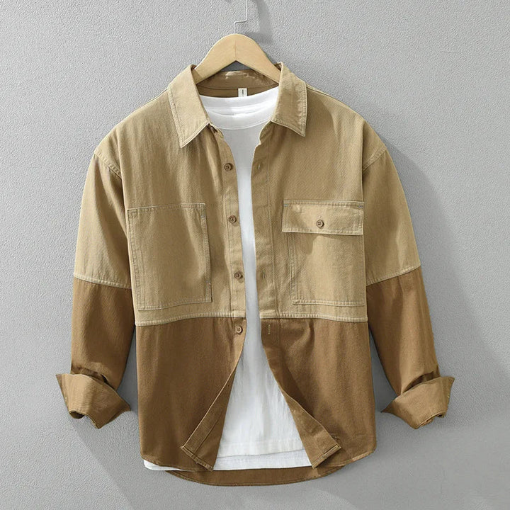 Khaki utility overshirt for men, a versatile layering top with a relaxed fit. Ideal casual outerwear for men's fashion.