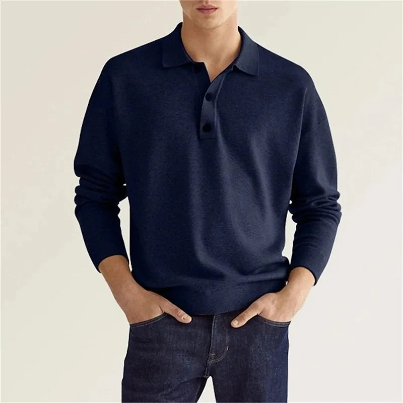 Stylish men's long sleeve polo with half button placket. Versatile collared shirt for smart casual men's fashion.