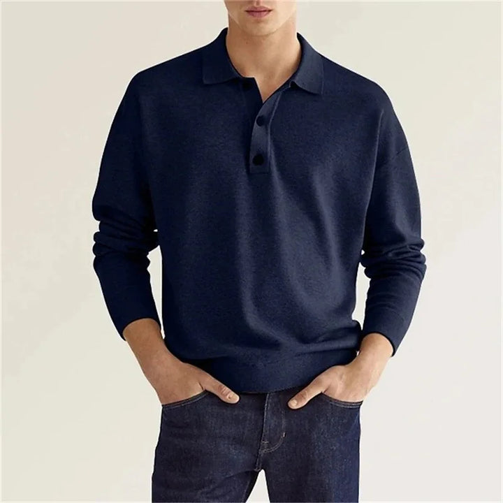 Stylish men's long sleeve polo with half button placket. Versatile collared shirt for smart casual men's fashion.