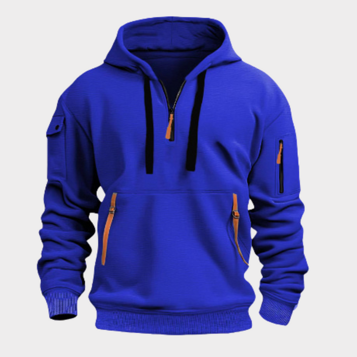 Men's fashion half-zip hoodie, an essential hooded sweatshirt with an adjustable collar.
