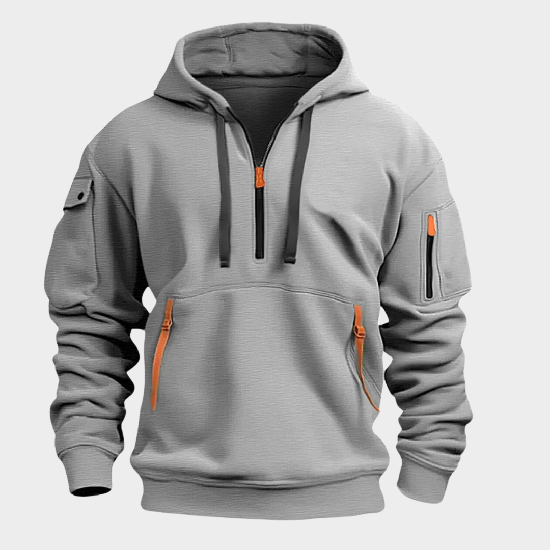 Casual men's half-zip hooded top, great for layering and everyday comfort, with an adjustable collar.