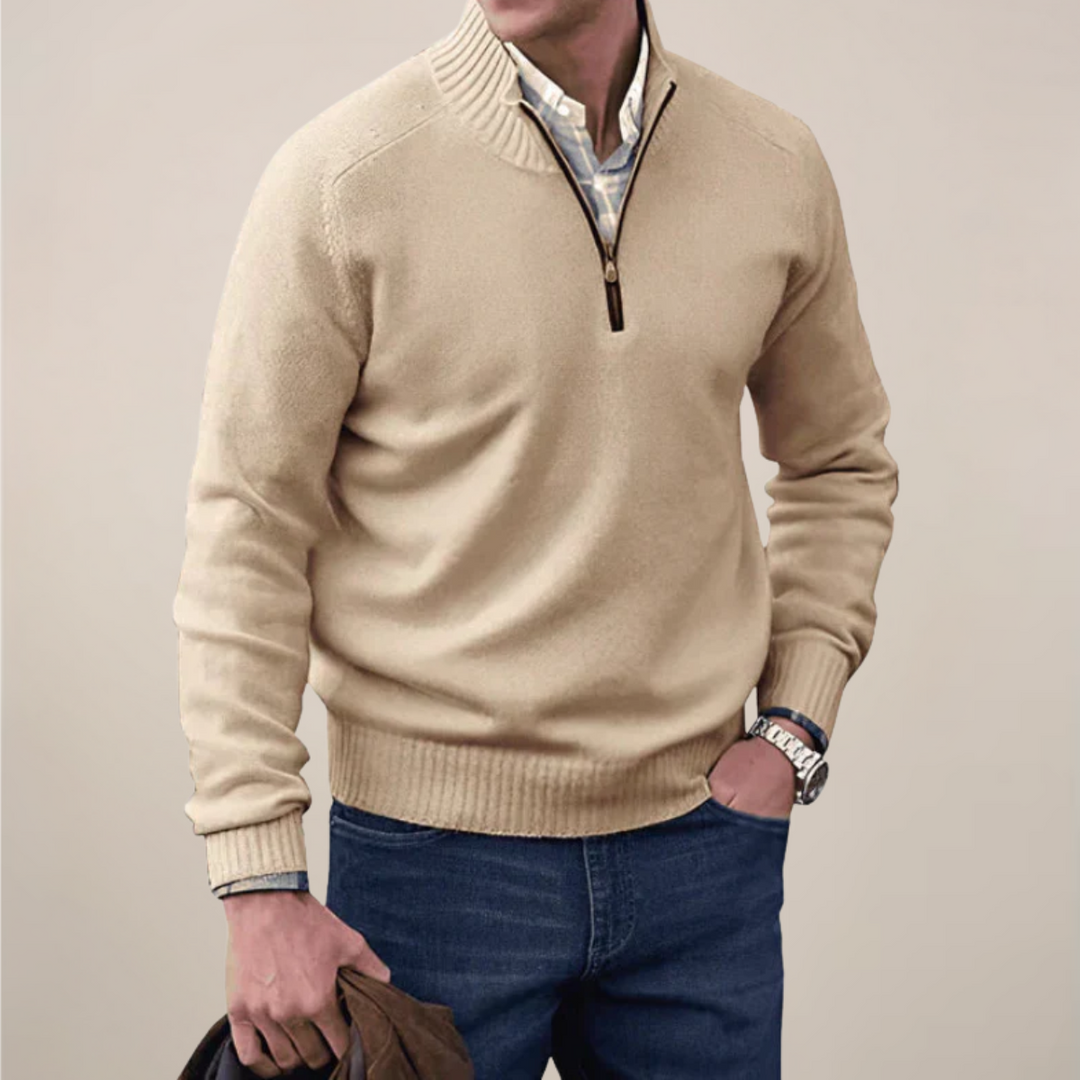 Stylish men's half-zip knitwear, ideal for smart casual spring outfits.