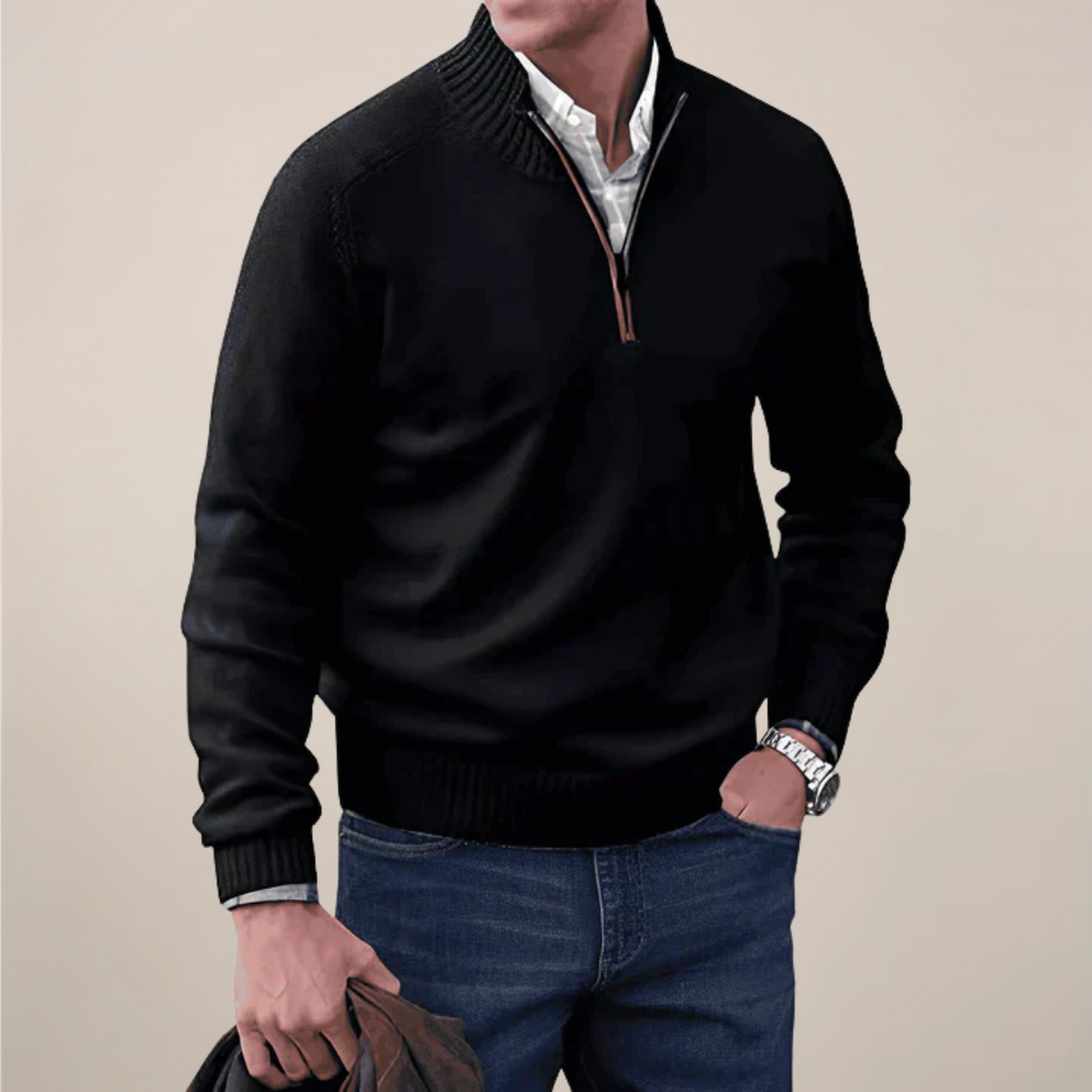 Long sleeve men's sweater with a half-zip neckline, great for spring fashion.