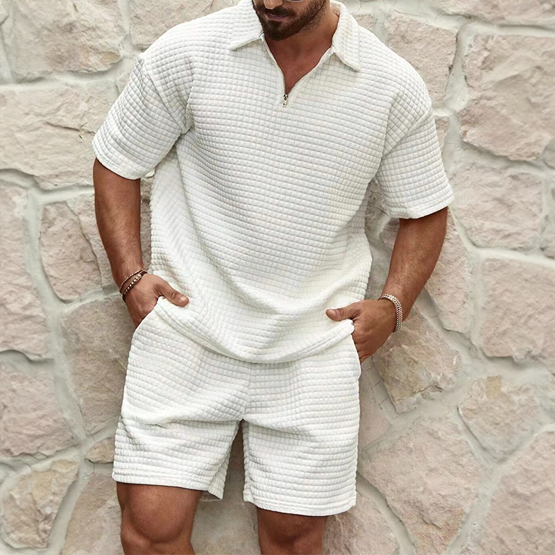 Men's half-zip polo & shorts summer set. Casual, comfortable two-piece outfit for stylish warm weather fashion.