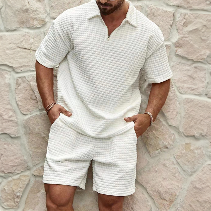 Men's half-zip polo & shorts summer set. Casual, comfortable two-piece outfit for stylish warm weather fashion.