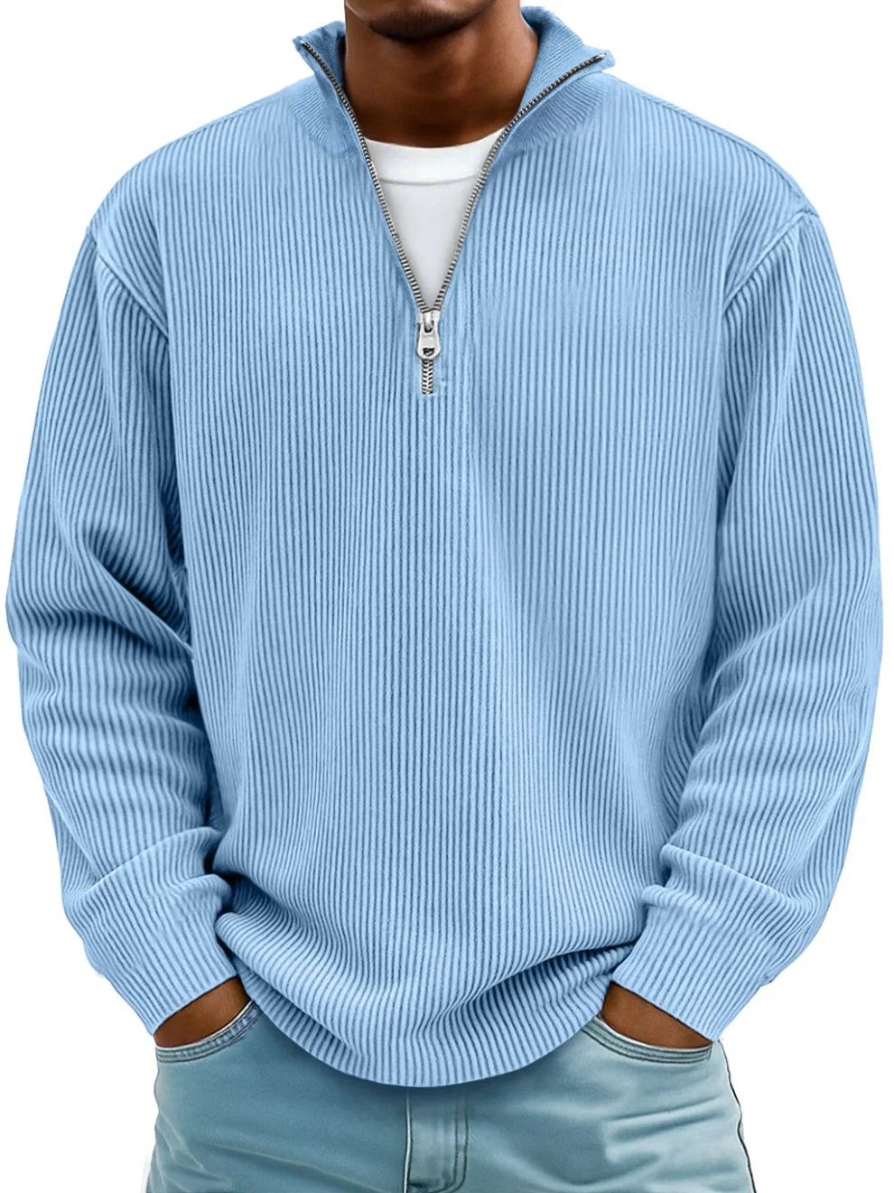 Men's half-zip ribbed knit sweater, ideal for casual style & comfort. A fall/winter essential.