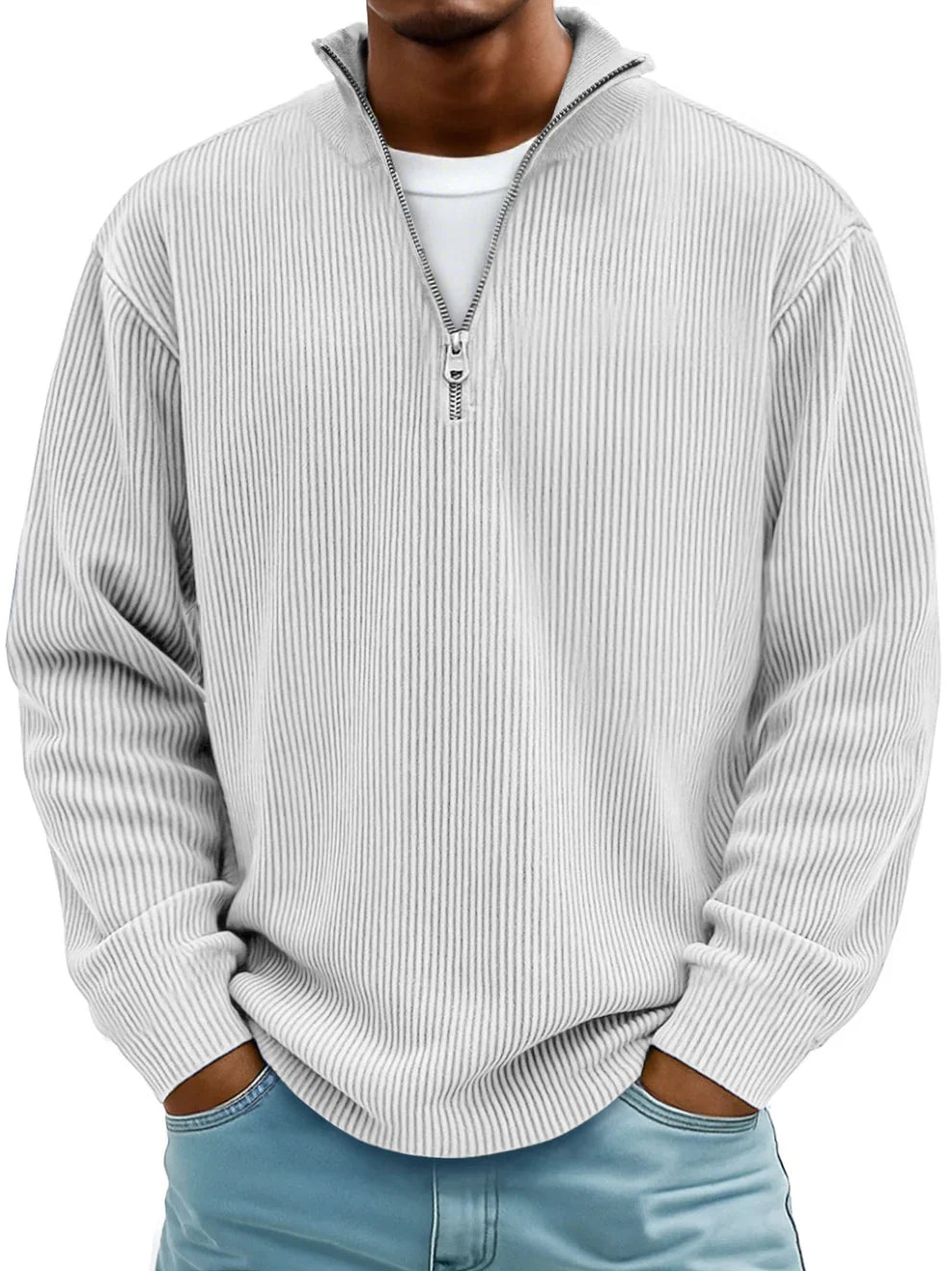 Casual men's half-zip ribbed sweater, perfect for smart-casual looks and cooler weather.