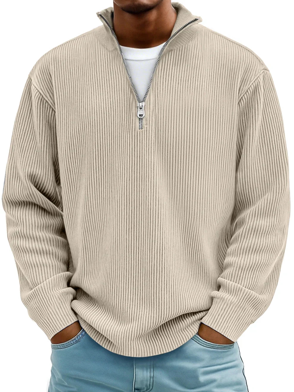 Men's apparel: long-sleeve half-zip ribbed sweater. Combines style & comfort for winter fashion.