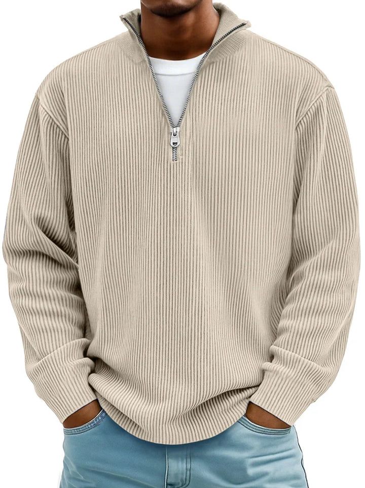 Men's apparel: long-sleeve half-zip ribbed sweater. Combines style & comfort for winter fashion.